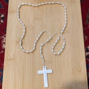 Vintage Pearl Rosary Necklace with Cross Pendant